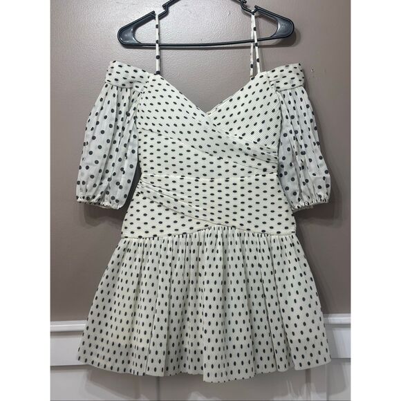 NWT Zimmermann Cream & Black Polka Dot Pleated Swwetheart Mini Dress Women's 0 - Picture 2 of 13